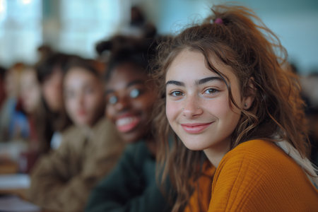 Diverse teenage students looking at camera in classroom Smiling people of different nationalities and friends, girls posing for pictures together.の素材