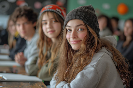 Diverse teenage students looking at camera in classroom Smiling people of different nationalities and friends, girls posing for pictures together.の素材