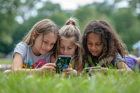 Diverse teenage students looking smarthphone outdoor of different nationalities and friends, girls posing for pictures together.back to schoolの素材