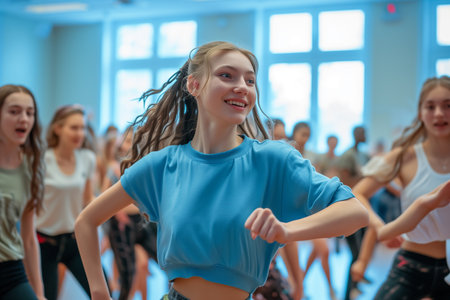 Young modern dancing group of six adult young people practice dancing movement, dance, and rhythm conceptの素材