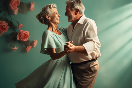 Happy and funny couple of old and mature people having fun and enjoying at home doing a party together singing and dancing playing movement, dance, and rhythm conceptの素材