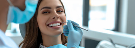 dentist wearing face mask while examining teeth of young woman at dental clinic.の素材