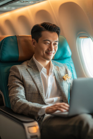 Asian business plane with laptop, Korean trader financier works at computer in airplaneの素材