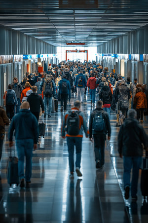Group people walking at airport gate line to board an airplaneの素材