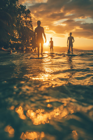 family standing on a surfboard in the ocean summer conceptの素材