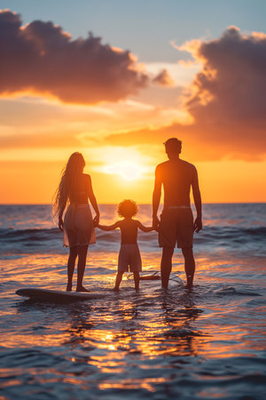 Happy family on the beach at sunset. Father, mother and child having fun together.の素材