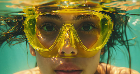 young woman at snorkeling in the tropical water summer conceptの素材