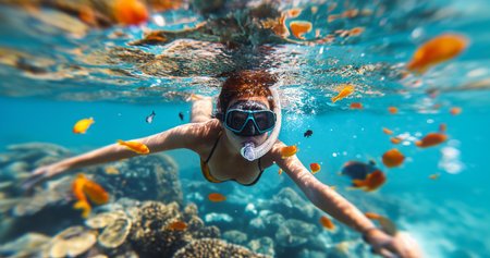 young woman at snorkeling in the tropical water with many colourful fishes summer conceptの素材