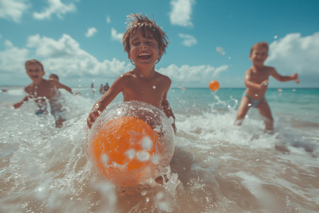 Children play on the beach at sunset at sea, lifestyle, seaside holidayの素材