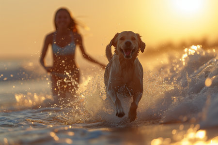 dogs playing on the beach summer conceptの素材
