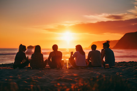 Group of happy friends spending time together at the beach summer conceptの素材