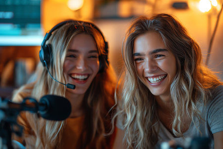 Two young women record podcast and laugh.vedio online conceptの素材