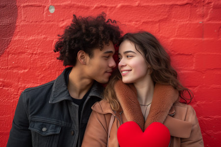 Happy young couple with heart-shaped balloons on color background. Valentine's Day conceptの素材