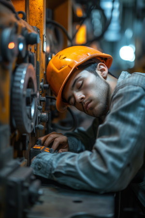 male workers working on building construction taking a nap or fall asleep inside of factory industrial areaの素材
