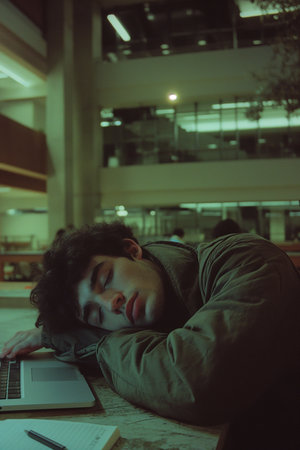 Overworked young man sitting at workplace and sleeping, napping at officeの素材