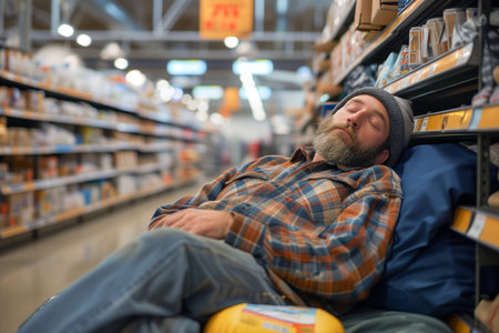 Overworked Elderly man man sitting at workplace and sleeping, napping at supermarketの素材