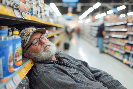 Overworked Elderly man man sitting at workplace and sleeping, napping at supermarketの素材