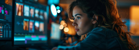 Creative Office: Professional Videographer / EditEngineer Wearing Headphones Works on Deskwtop Computer, Screen Shows: Footage Montage, Using Video Editing Software, Syncing Audio Trackの素材