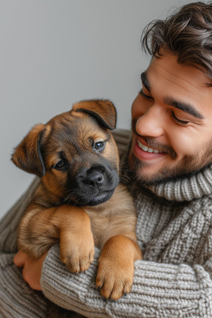 Man hug with dog Human with dog good friend conceptの素材