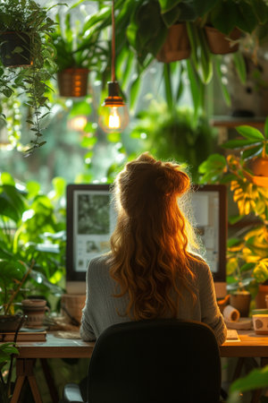 Woman sitting in front of computer in Modern workspace green nature studio green home office .clean power conceptの素材