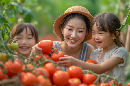 Family harvesting vegetables from the kitchen gardenの素材