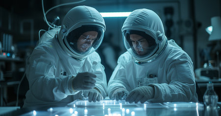 Astronaut working on a space station exploring engineering traveling to space on an airshipの素材