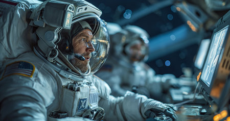 Astronaut working on a space station exploring engineering traveling to space on an airshipの素材