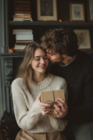 Happy couple, red roses for surprise Anniversary or Valentine's Day The faces of young men and women smile with romantic gifts, love or care at home celebrations.の素材