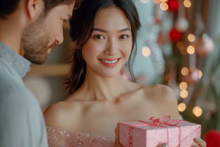 Happy couple, red roses for surprise Anniversary or Valentine's Day The faces of young men and women smile with romantic gifts, love or care at home celebrations.の素材