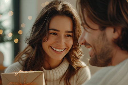 Happy couple, red roses for surprise Anniversary or Valentine's Day The faces of young men and women smile with romantic gifts, love or care at home celebrations.の素材