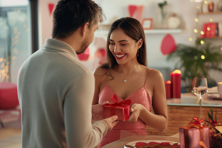 Happy couple, red roses for surprise Anniversary or Valentine's Day The faces of young men and women smile with romantic gifts, love or care at home celebrations.の素材