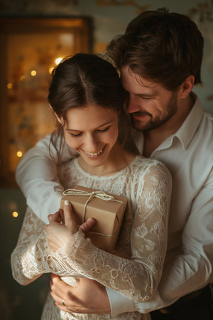 Happy couple, red roses for surprise Anniversary or Valentine's Day The faces of young men and women smile with romantic gifts, love or care at home celebrations.の素材