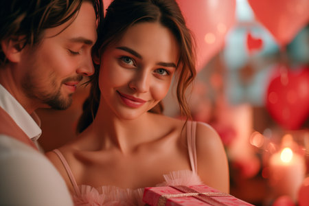 Happy couple, red roses for surprise Anniversary or Valentine's Day The faces of young men and women smile with romantic gifts, love or care at home celebrations.の素材