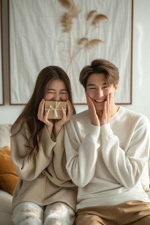 Happy couple, red roses for surprise Anniversary or Valentine's Day The faces of young men and women smile with romantic gifts, love or care at home celebrations.の素材