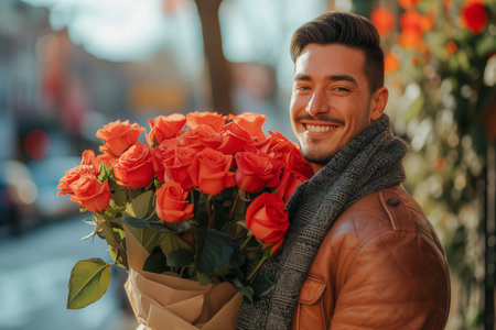 A man holds a bouquet of flowers and prepares for a surprise on Valentine's Day.の素材