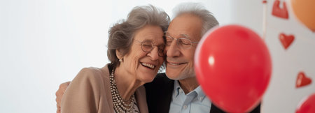 Elderly couple giving gifts to each other on Valentine's Day, free space for advertising.の素材