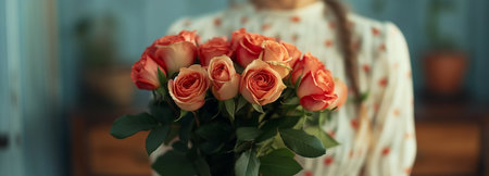 Beautiful woman holding flower in Valentine's Dayの素材