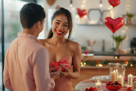 Happy couple, red roses for surprise Anniversary or Valentine's Day The faces of young men and women smile with romantic gifts, love or care at home celebrations.の素材