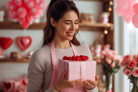 Beautiful woman holding a gift on Valentine's Dayの素材