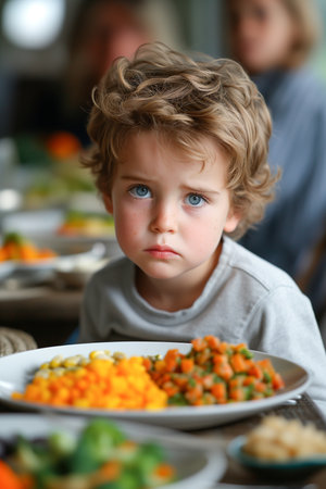 Cute little boy refusing to eat vegetables salad at table healthy eating habits conceptの素材