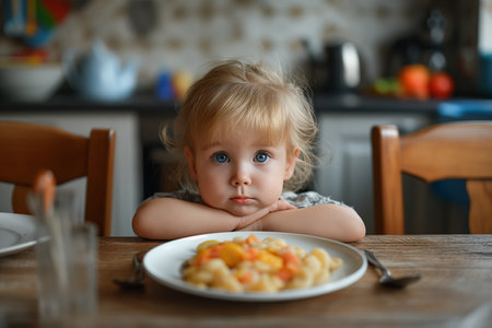 Cute little girl refusing to eat vegetables salad at table healthy eating habits conceptの素材