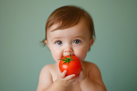 Child  baby girl eat tomato healthy food vegan eating lifestyle organic vegetables healthy eating habits conceptの素材