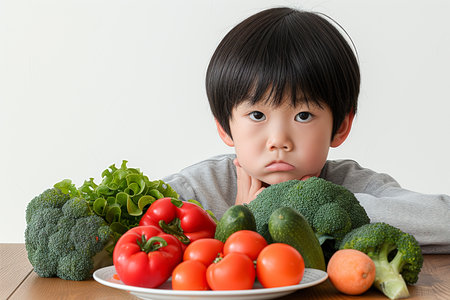 Cute Little Asian refusing to eat vegetables salad at table healthy eating habits conceptの素材
