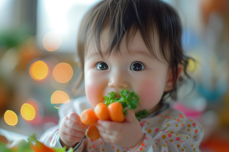 Cute Baby to eat vegetables salad at table healthy eating habits conceptの素材