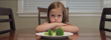 Cute little girl refusing to eat vegetables salad at table healthy eating habits conceptの素材
