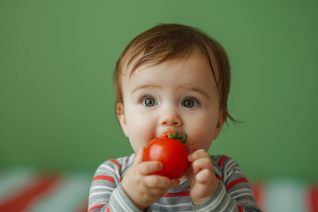 Child  baby girl eat tomato healthy food vegan eating lifestyle organic vegetables healthy eating habits conceptの素材