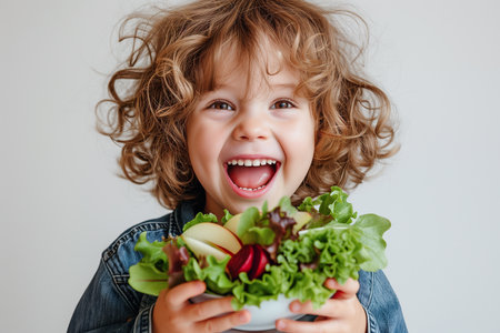Cute little boy refusing happy with vegetables salad at table healthy eating habits conceptの素材