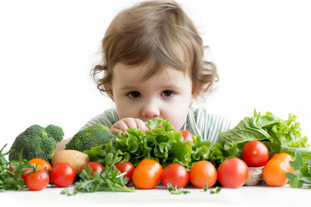 Cute little girl refusing to eat vegetables salad at table healthy eating habits conceptの素材