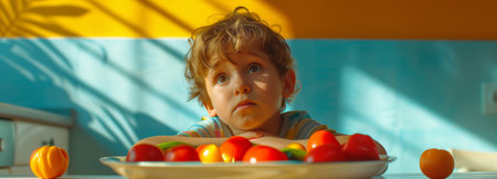 Cute little boy refusing to eat vegetables salad at table healthy eating habits conceptの素材