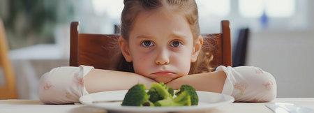Cute little girl refusing to eat vegetables salad at table healthy eating habits conceptの素材